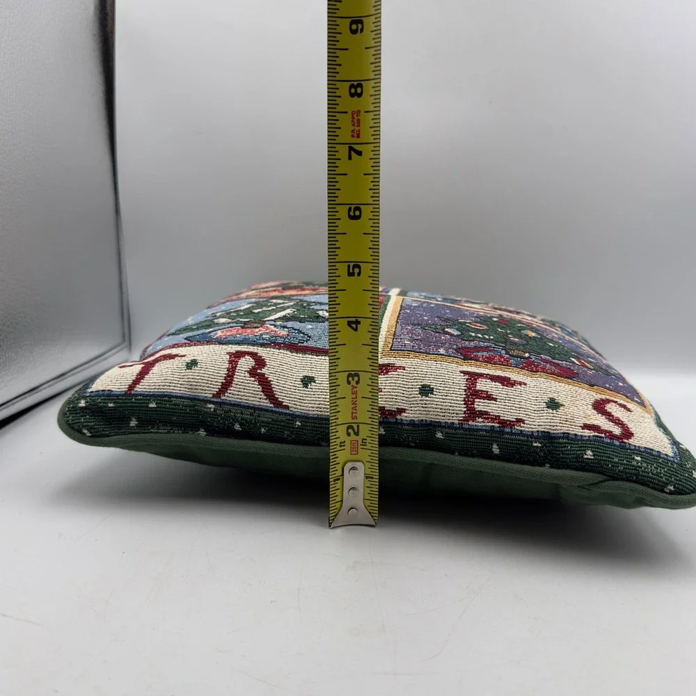 Vintage Christmas Trees Tapestry Pillow Green Woven Holiday Decor 12x12 Retro